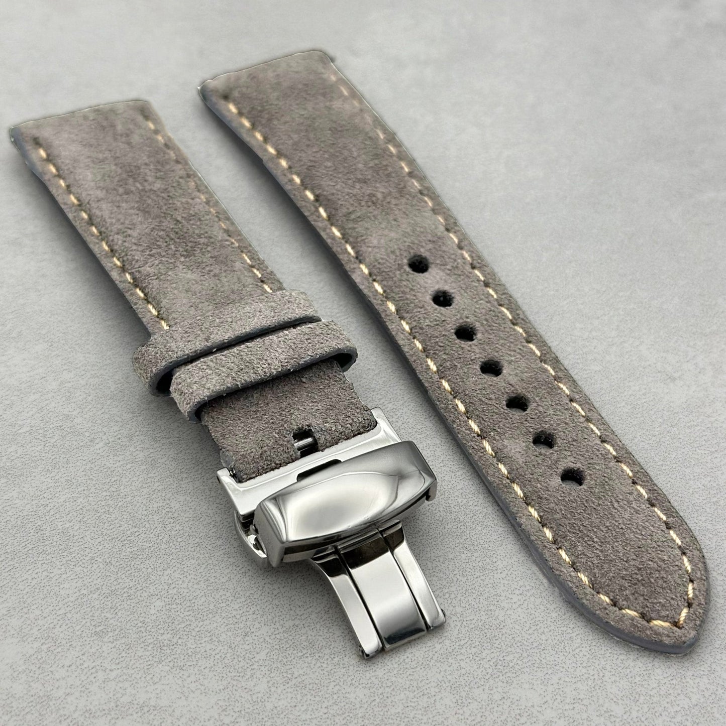 Paris light grey suede watch strap fitted with a polished silver butterfly clasp. 18mm, 20mm, 22mm, 24mm.