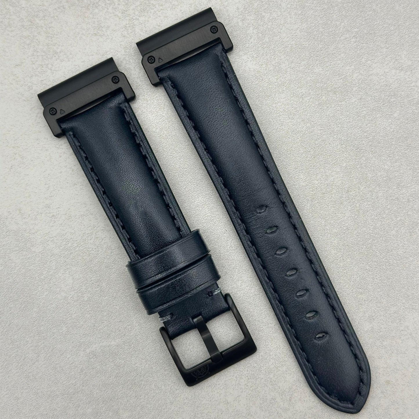The Prague: Jet Black Vegetable Tanned Full Grain Leather Garmin QuickFit Watch Strap