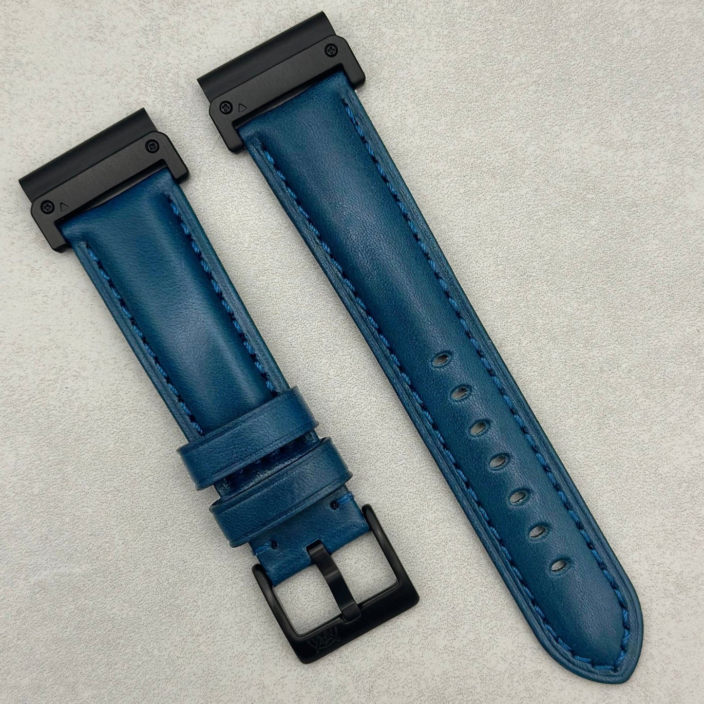 The Prague: Marine Blue Vegetable Tanned Full Grain Leather Garmin QuickFit Watch Strap