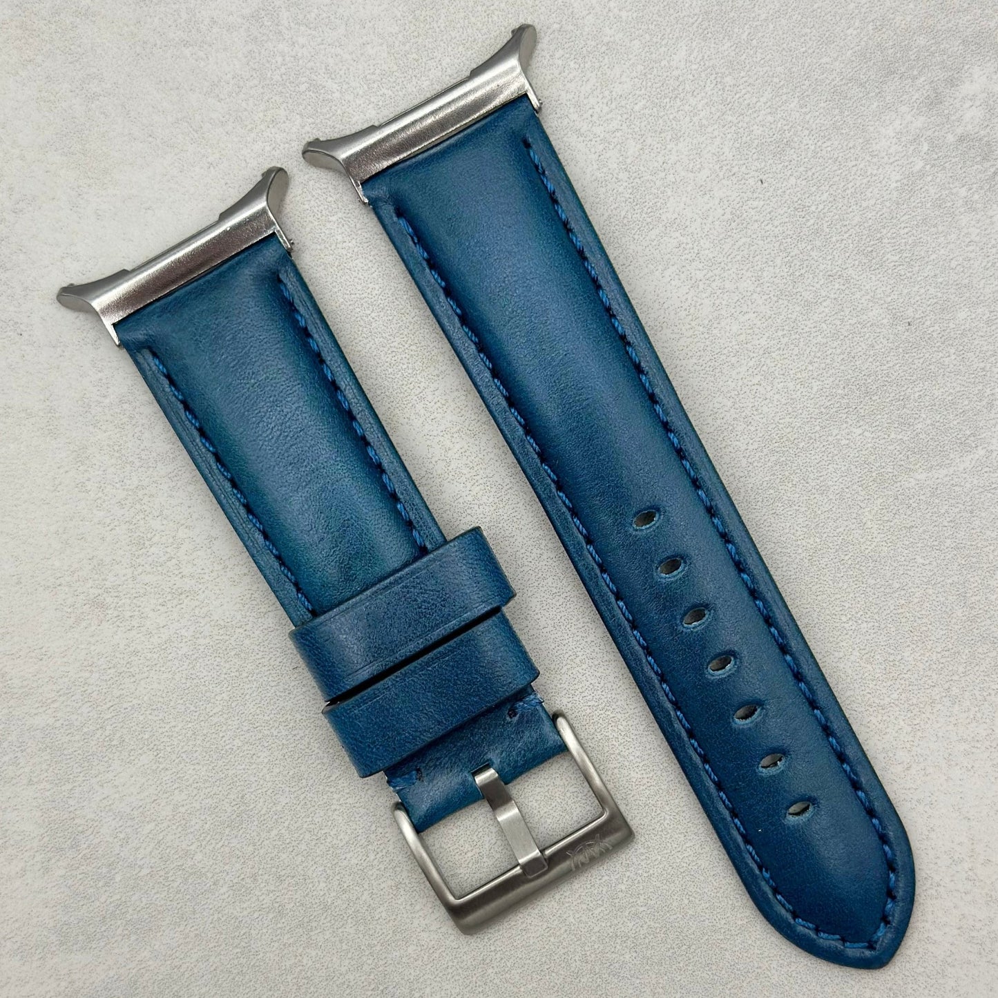 The Prague: Marine Blue Vegetable Tanned Full Grain Leather Samsung Galaxy Watch Ultra Strap
