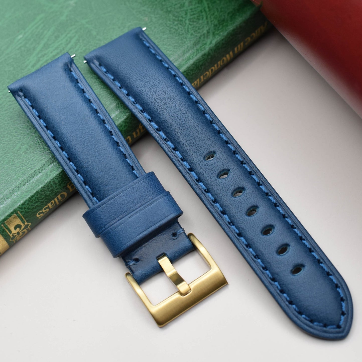 Blue vegetable tanned full grain leather watch strap. 18mm, 20mm, 22mm, 24mm. Quick release spring bars. Watch And Strap.