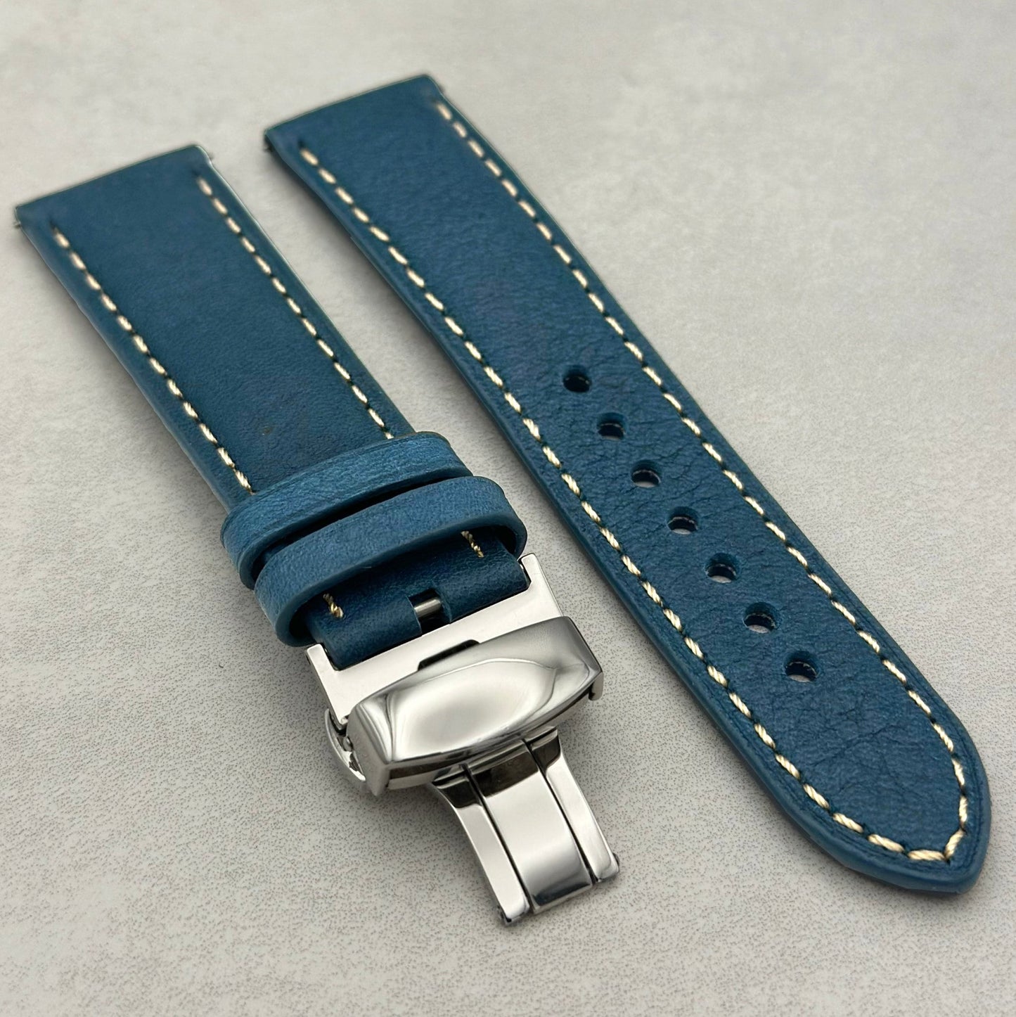 Blue full grain Italian leather watch strap with stainless steel butterfly clasp. 18mm, 20mm, 22mm, 24mm.