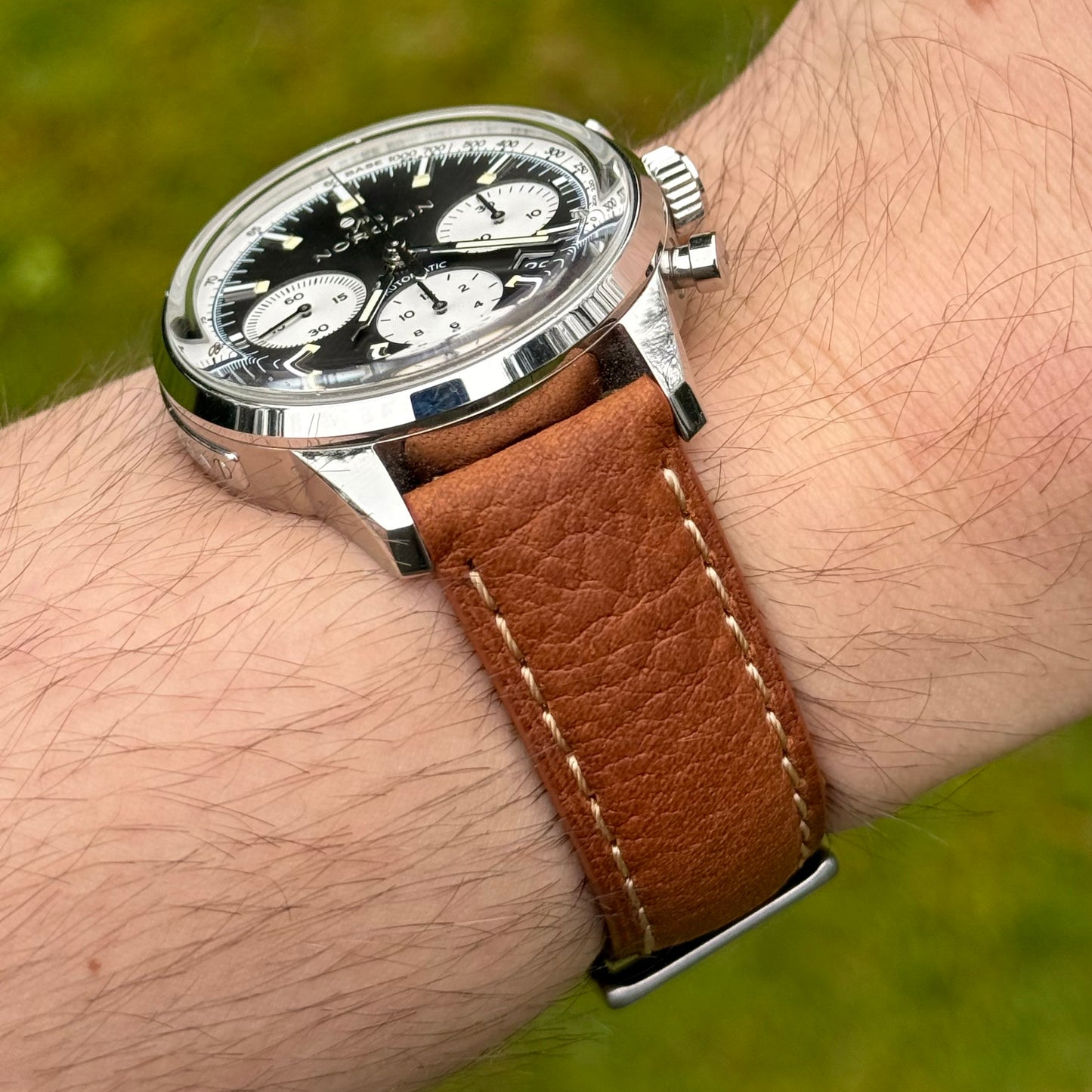Wrist shot of the Rome copper tan full grain leather watch strap. Handmade Italian leather strap. Watch And Strap