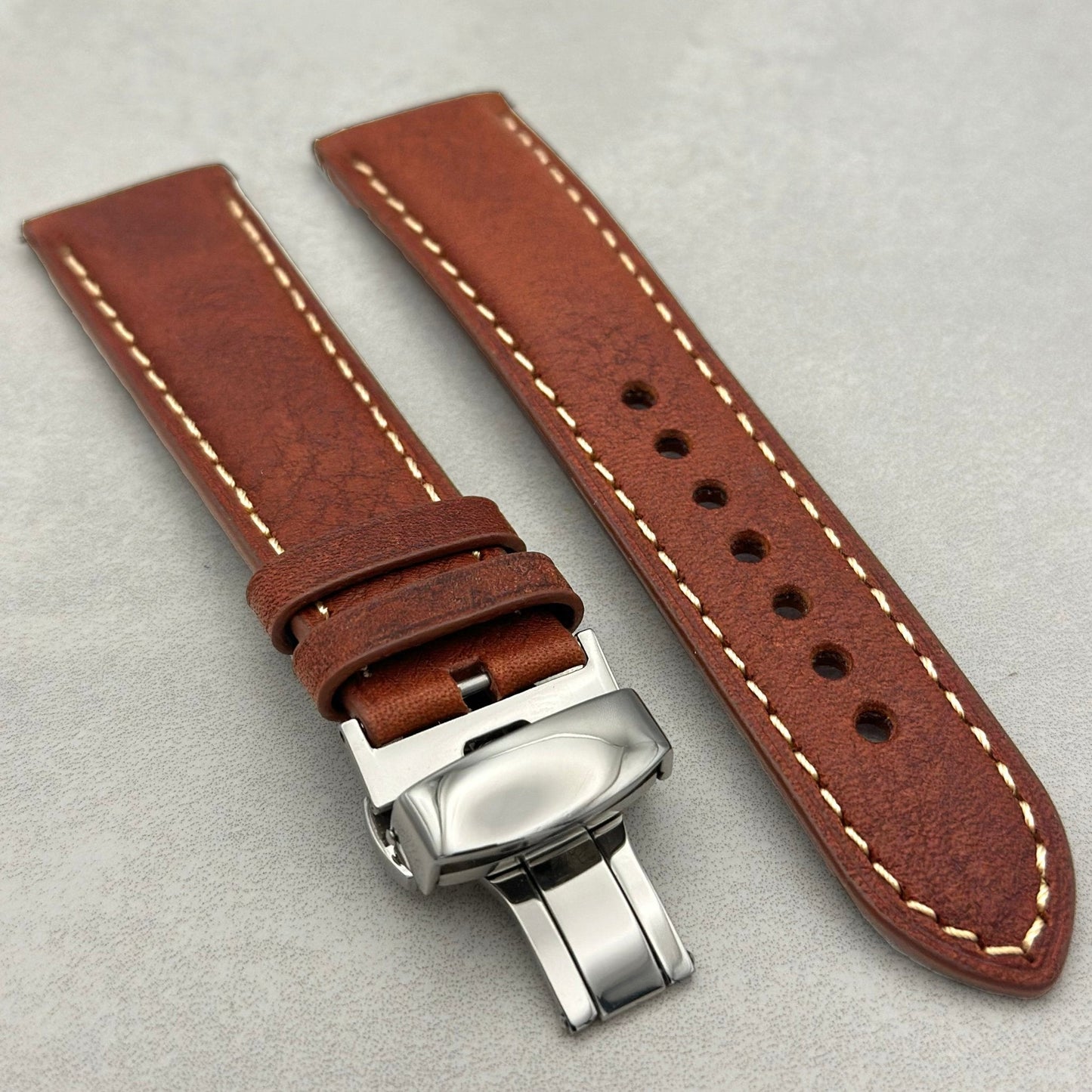 Rome terracotta brown Italian leather watch strap. Ivory stitching. Butterfly clasp. 18mm, 20mm, 22mm, 24mm. Watch And Strap