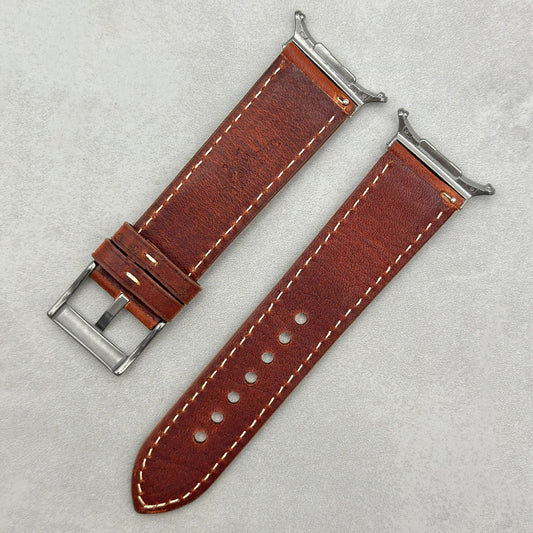 Rear of the Rome terracotta Italian leather Samsung Galaxy Ultra strap. Ivory stitching. 316L stainless steel.