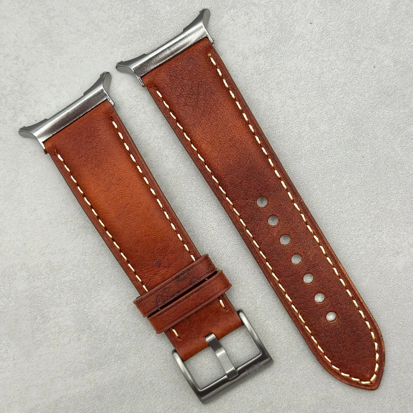 Rome terracotta Italian leather Samsung Galaxy Ultra strap. Ivory stitching. 316L stainless steel.