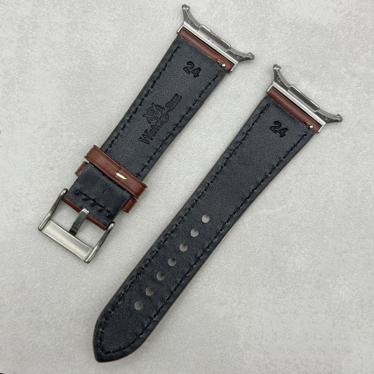 Venice mocha brown Italian leather Samsung Galaxy Ultra Watch Strap. ivory stitching.