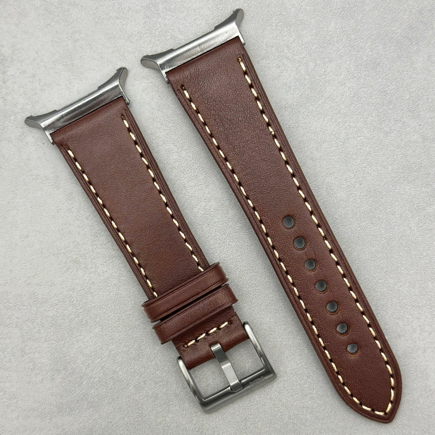 Venice mocha brown Italian leather Samsung Galaxy Ultra Watch Strap. ivory stitching.