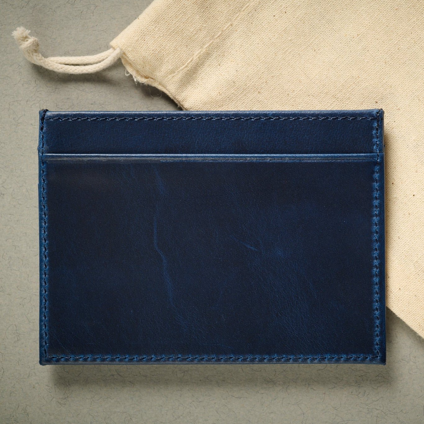 Rear of the Oxford navy blue full grain calf skin card case. RFID blocking.