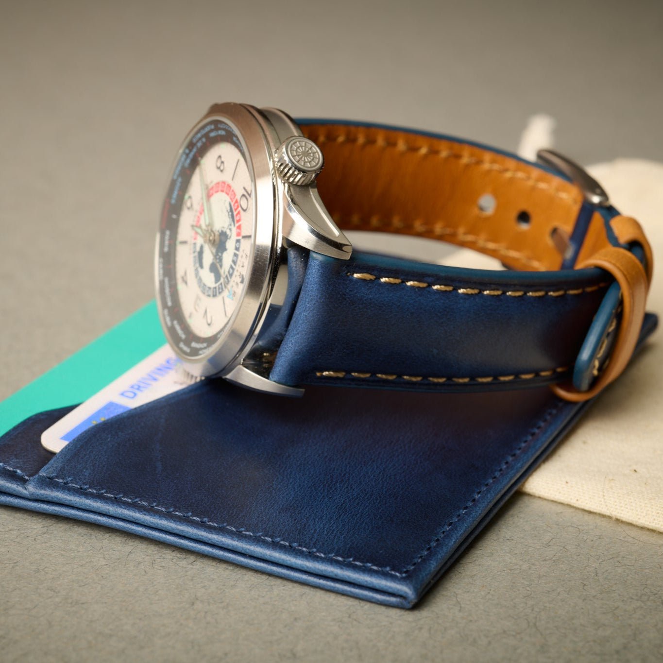 Oxford blue full grain Italian leather card case. Paired with the Oxford blue calf skin watch strap.