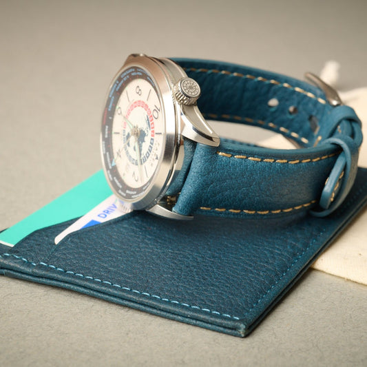 Rome blue full grain Italian leather RFID blocking card case. Paired with the Rome blue 20mm Italian leather watch strap.