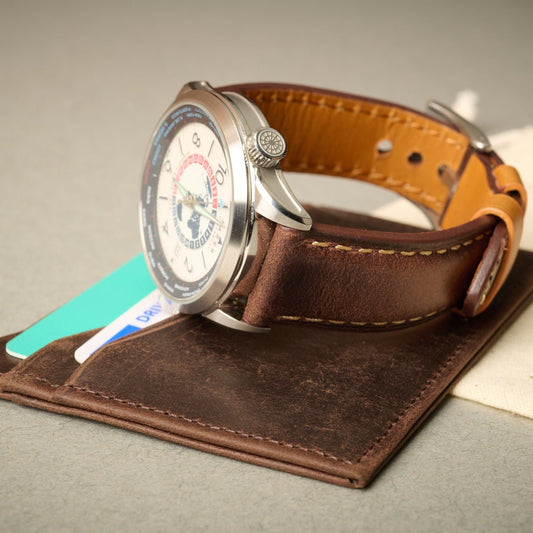 Oxford brown full grain calf skin card case with matching watch strap. Cards in card case. 5 card slots, RFID blocking.