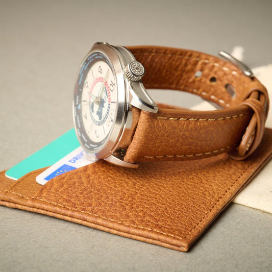 Rome Copper Tan Full Grain Italian Leather RFID Blocking card case. Matching tan Italian leather watch strap 20mm.