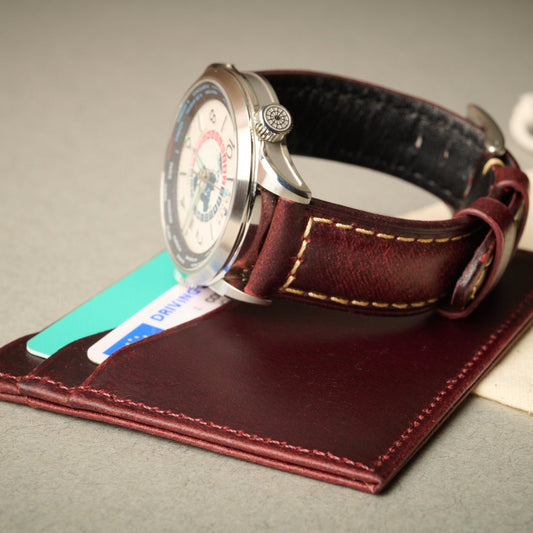 Berlin burgundy Full Grain Leather Card Case with matching watch strap. RFID blocking card case. 20mm Berlin burgundy strap.