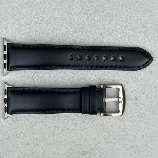 Birds eye view Athens Jet black full grain leather Apple watch strap. Series 3, 4, 5, 6, 7, 8, 9, SE and Ultra.