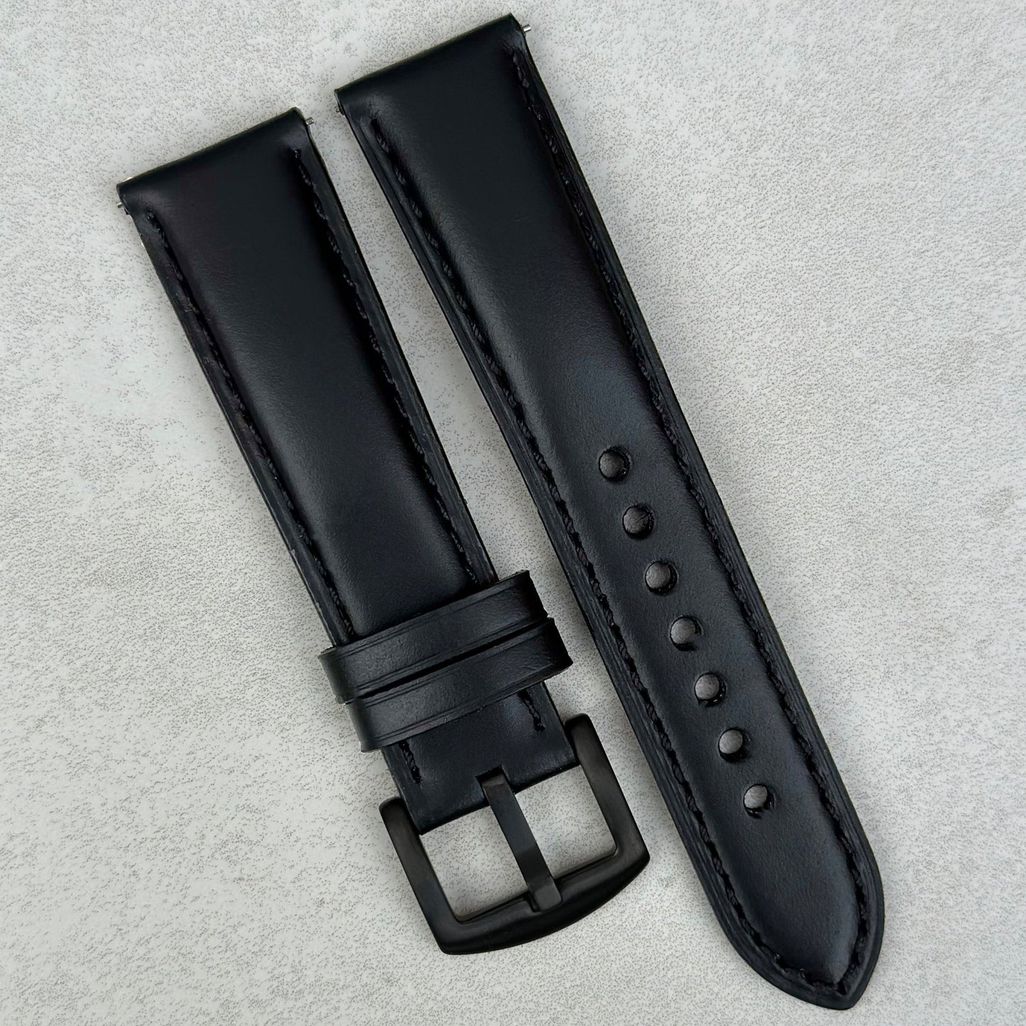 Athens jet black full grain leather watch strap with PVD black stainless steel buckle. 18mm, 20mm, 22mm and 24mm.