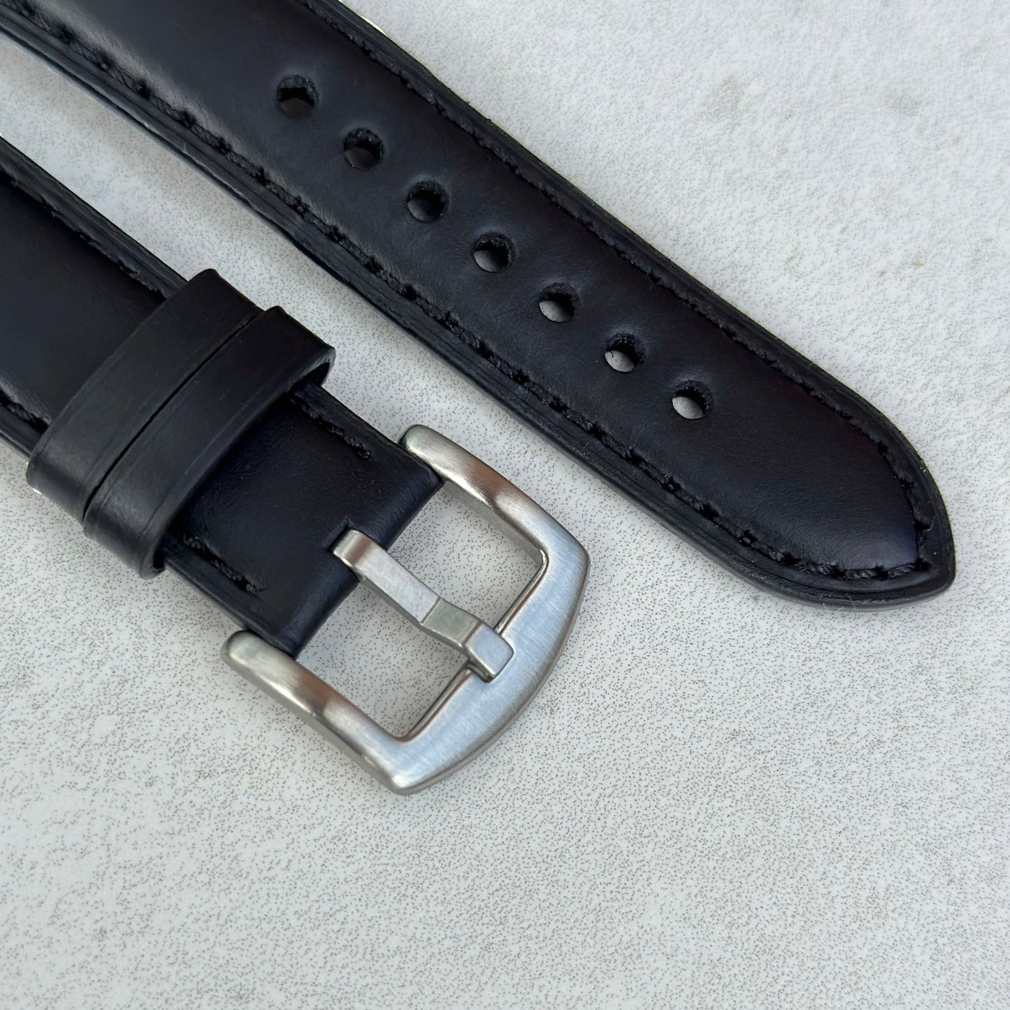 Brushed 316L stainless steel buckle on the Athens jet black full grain leather watch strap. Watch And Strap.