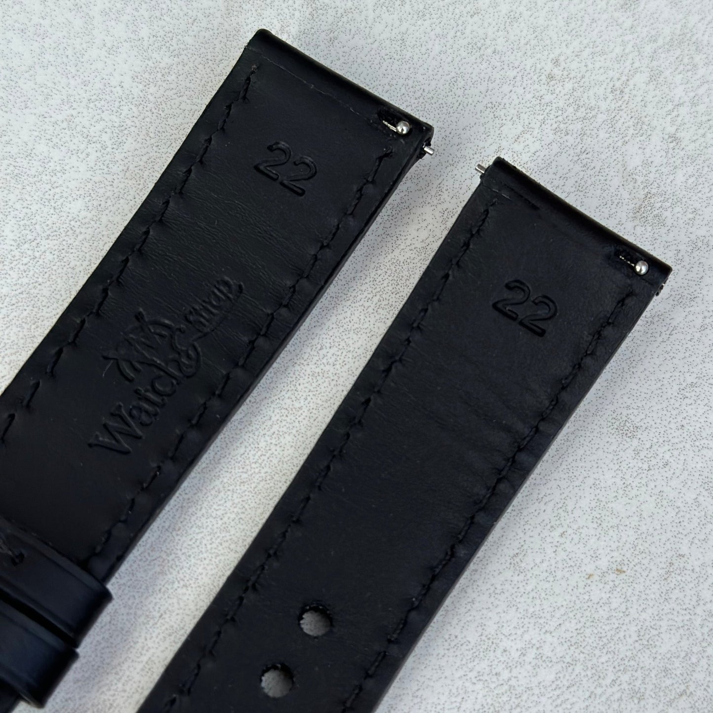 Quick release spring bars on the Athens jet black full grain leather watch strap. Watch And Strap.