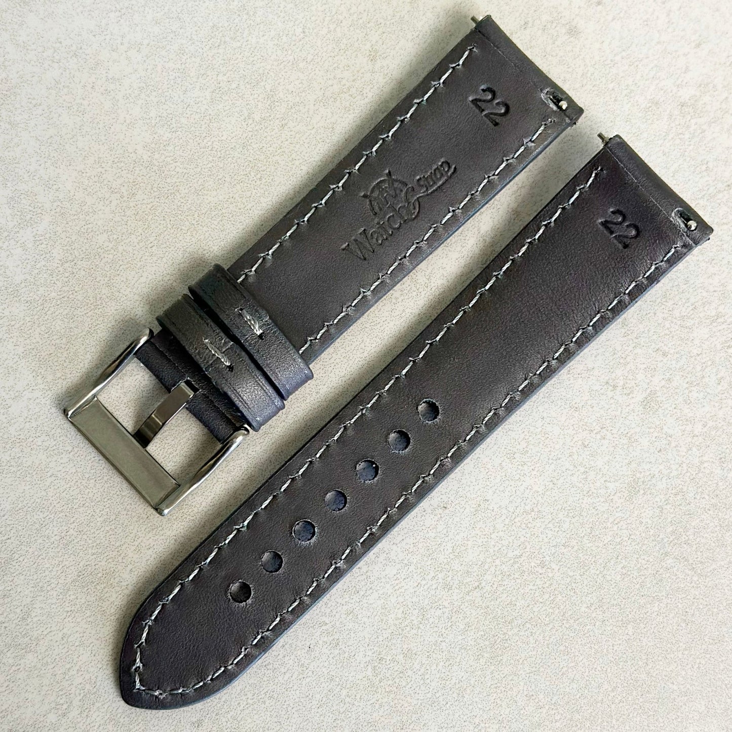 Rear of the Athens slate grey leather watch strap. Quick release pins. Watch And Strap.