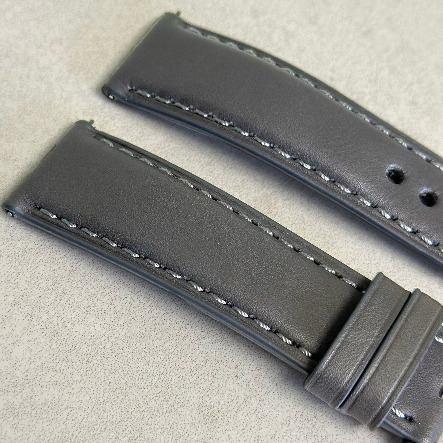Top of the Athens grey full grain leather watch trap. Padded leather strap. Watch And Strap