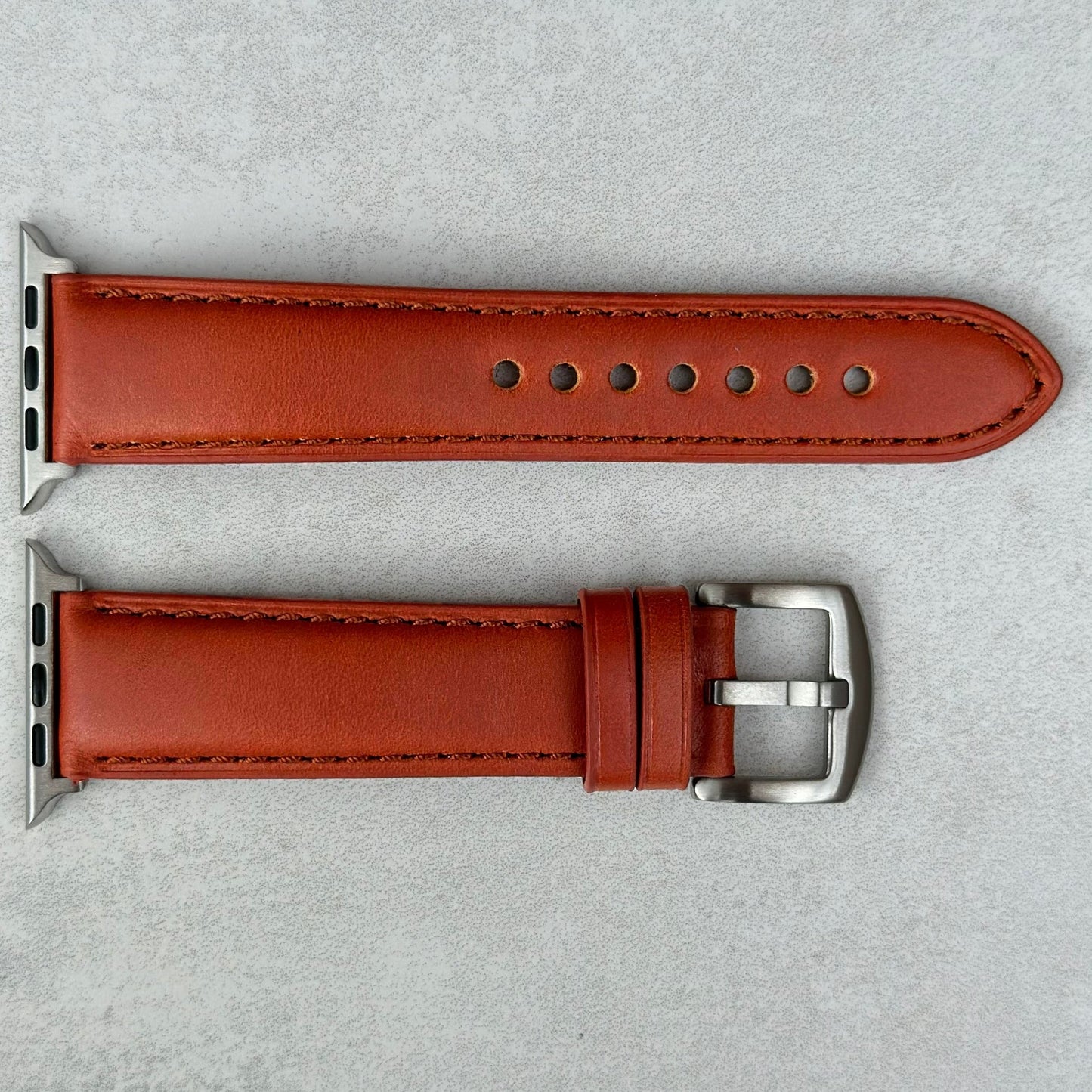 Athens burnt cinnamon full grain leather apple watch strap. Apple Watch Series 3, 4, 5, 6, 7, 8, 9, SE and Ultra.