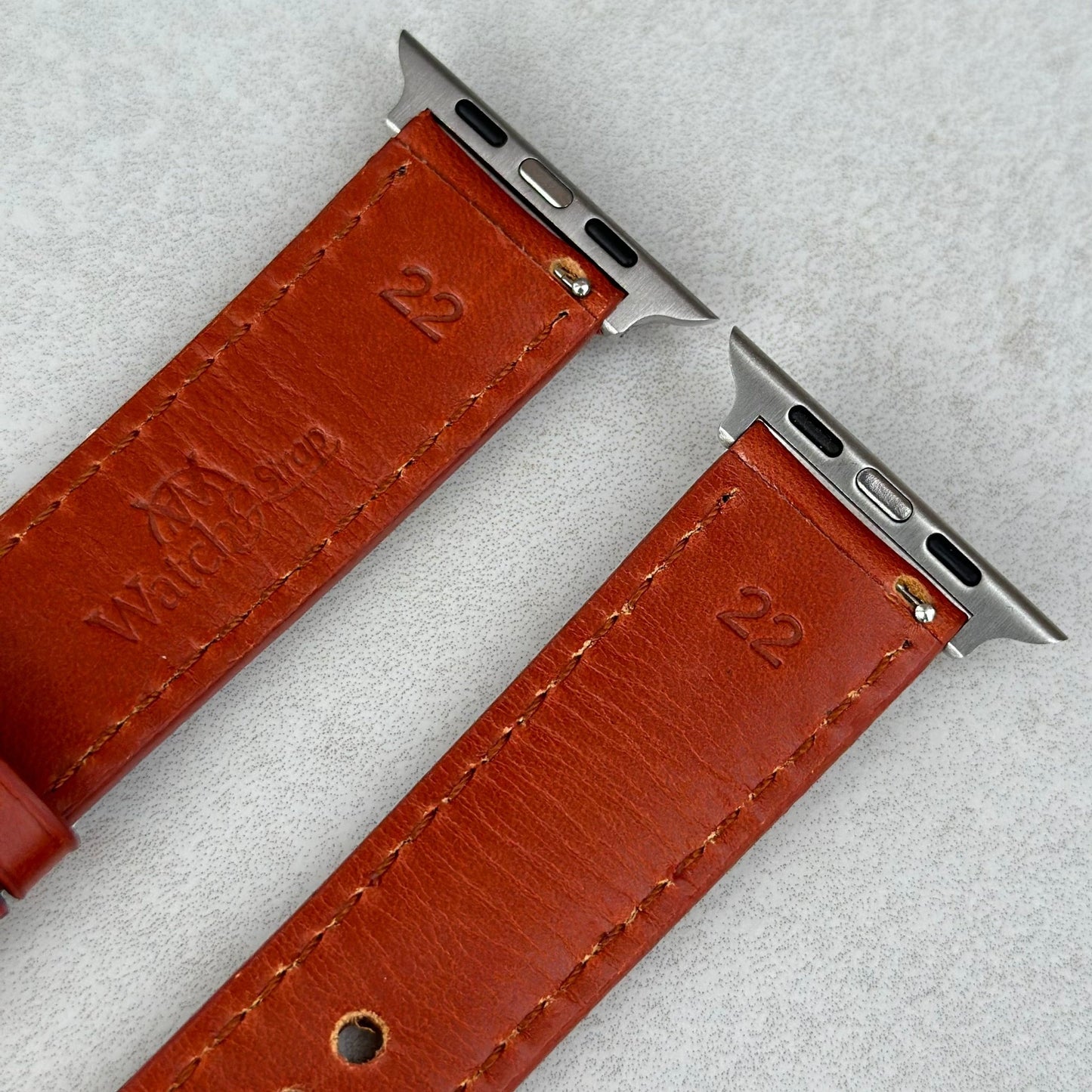 Rear top of the Athens burnt cinnamon watch strap.