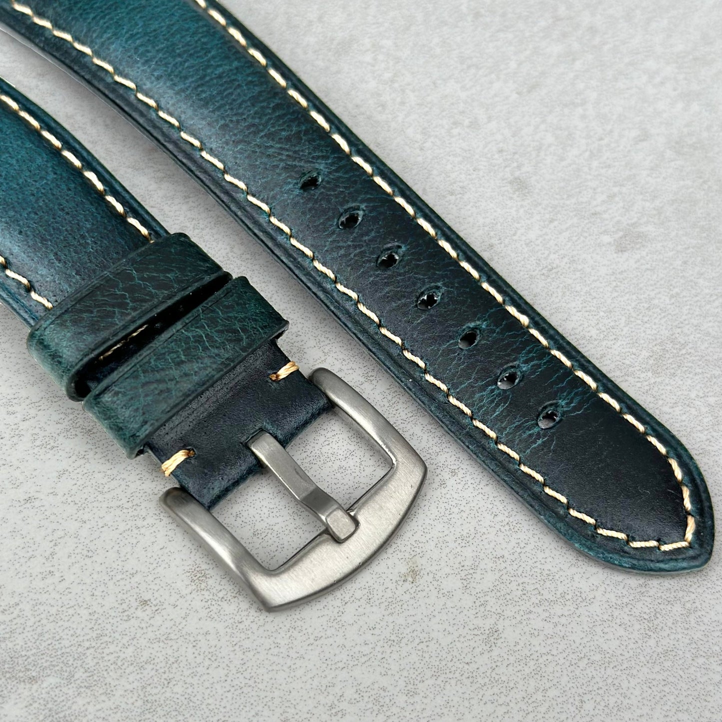 Brushed 316L stainless steel buckle on the Berlin blue full grain leather Apple Watch strap. Watch And Strap.