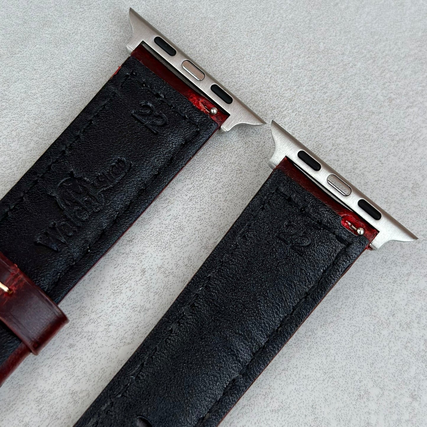 Rear top of the Berlin burgundy full grain leather watch strap. 316L stainless steel hardware. Watch And Strap.