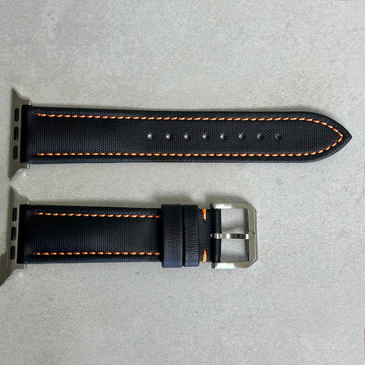 Jet black sail cloth Apple Watch strap with contrast ivory stitching. Padded sail cloth Apple Watch strap. Watch And Strap