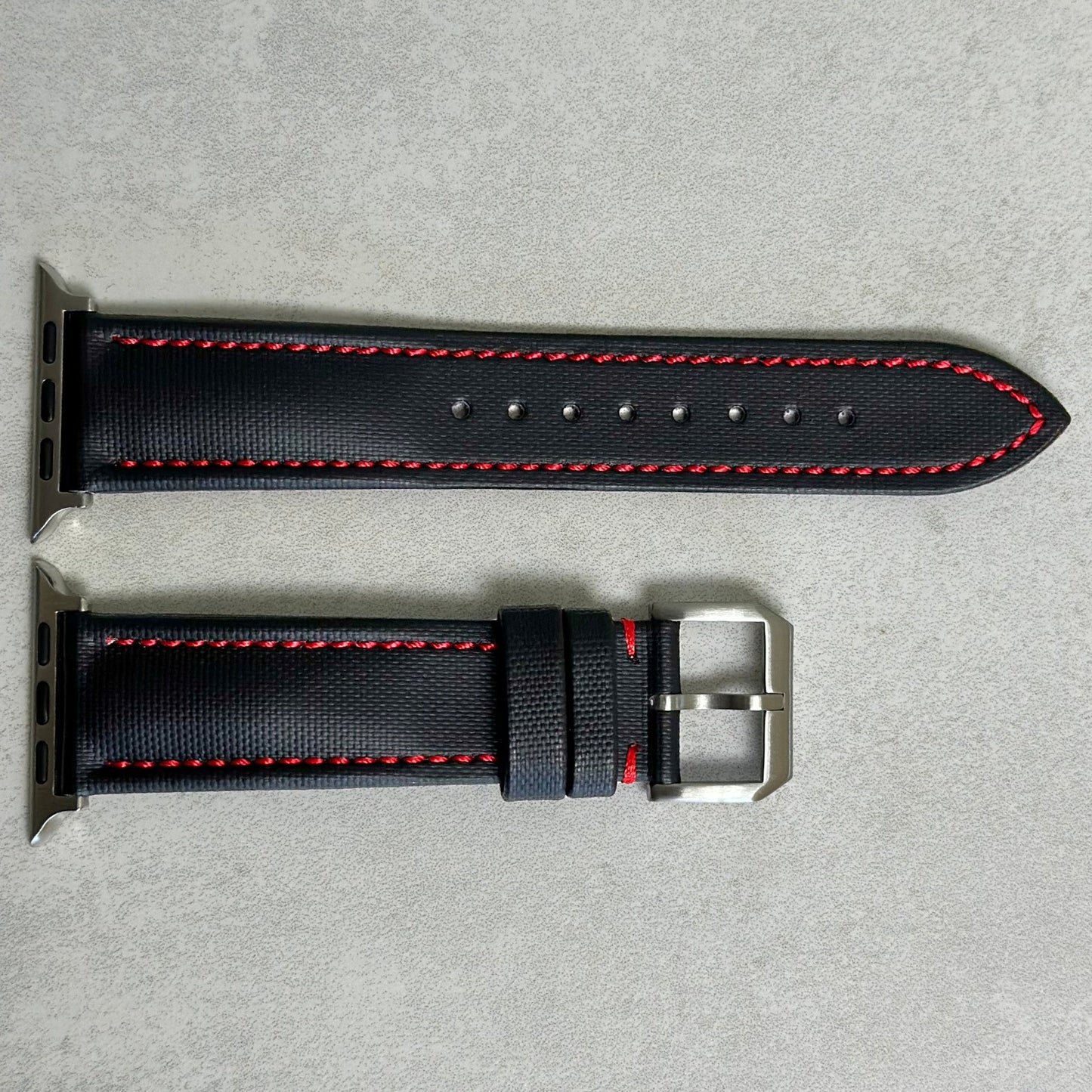 Bermuda jet black sail cloth Apple Watch strap with contrast red stitching. Apple Watch Series 3, 4, 5, 6, 7, 8, 9, SE, Ultra