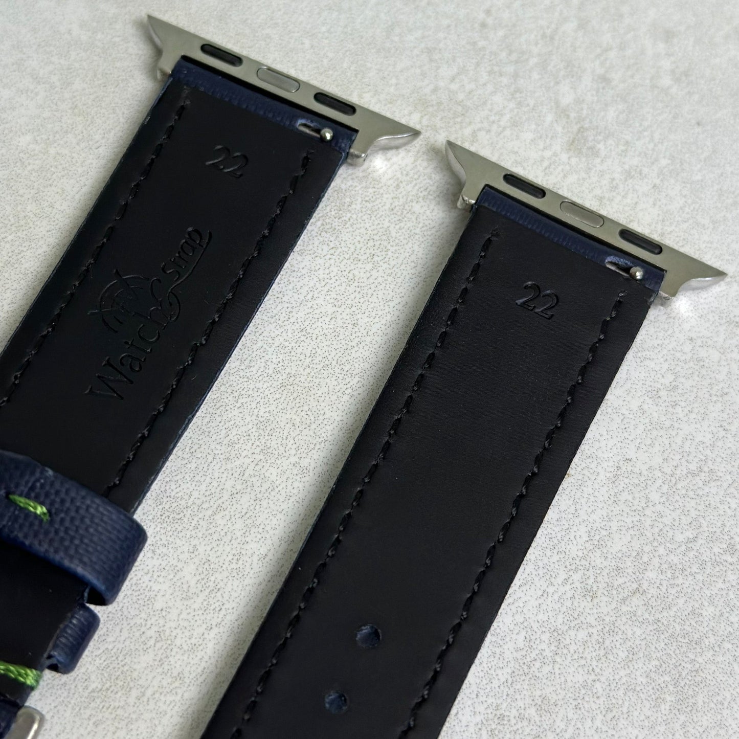 Rear of the navy blue sail cloth Apple Watch strap. Black leather underside. Watch And Strap