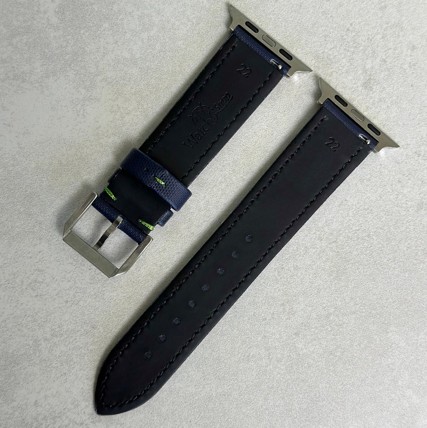 Rear of the navy blue sail cloth Apple Watch strap. Black leather underside. Watch And Strap
