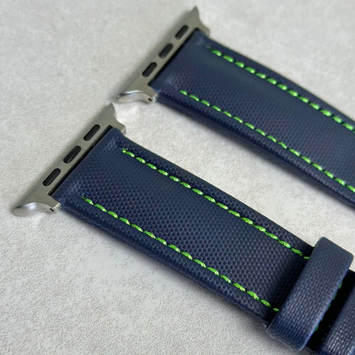 Top of the Bermuda navy blue sail cloth watch strap with green stitching. Padded sail cloth strap. Watch And Strap