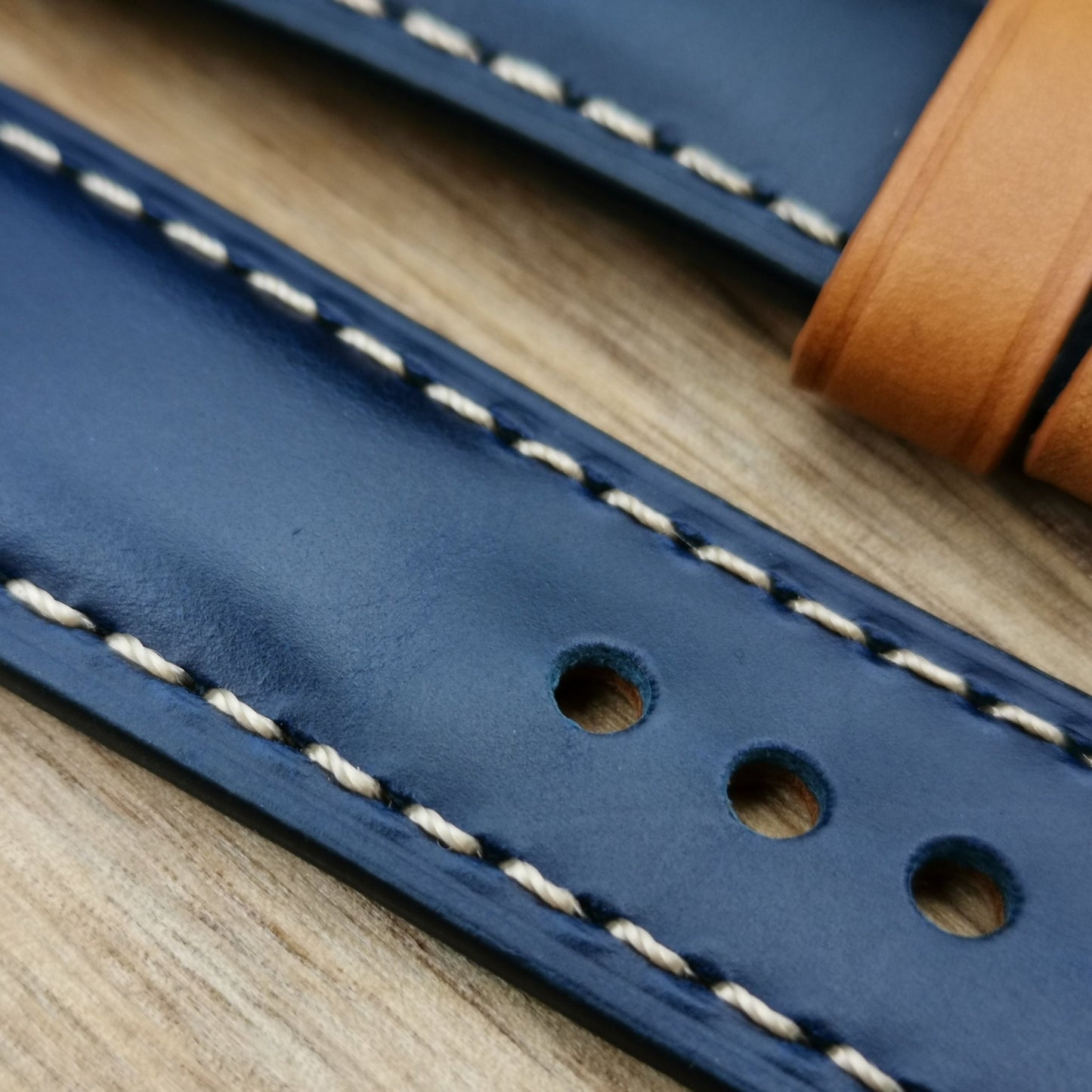 Close up of the navy blue full grain calf leather used for the Oxford blue leather watch strap.
