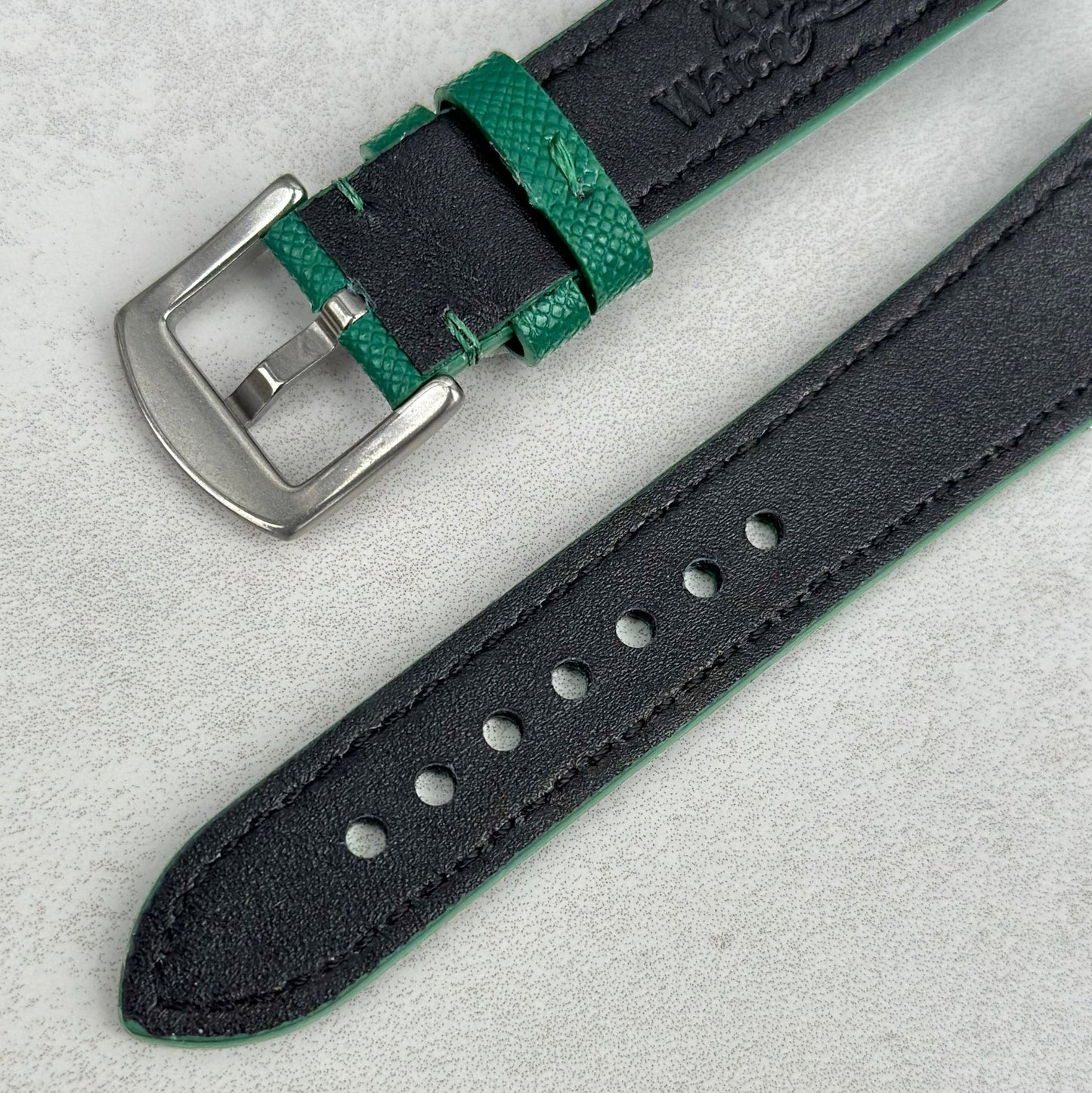 Rear of the brushed 316L stainless steel buckle on the Florence emerald green watch strap. Watch And Strap.
