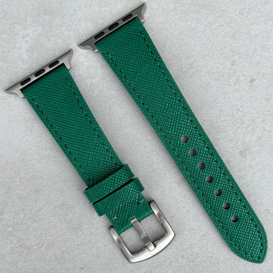 Florence emerald green full Saffiano leather Apple Watch strap. Apple Watch Series 3, 4, 5, 6, 7, 8, 9, SE and Ultra.