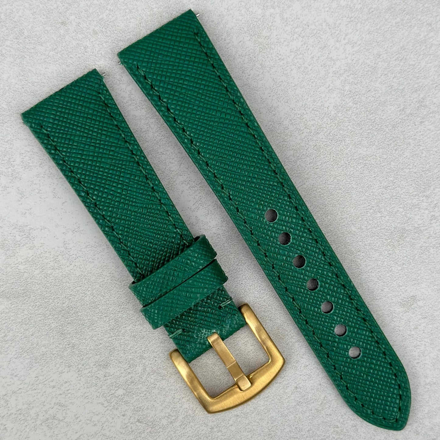 Florence emerald green saffiano leather watch strap. PVD gold brushed 316L stainless steel buckle. 18mm, 20mm, 22mm, 24mm.
