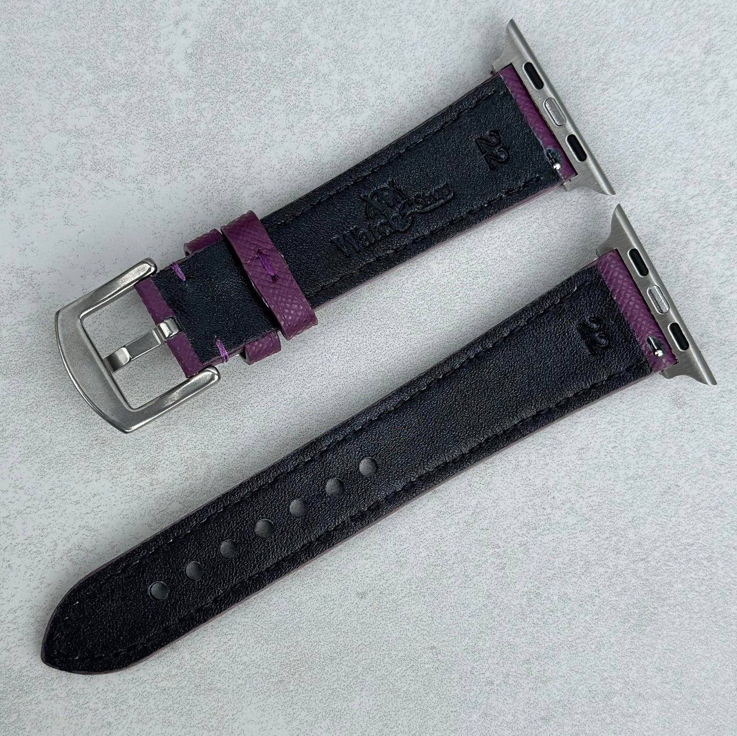 Rear of the Florence Royal purple Saffiano leather watch strap. Watch And Strap logo. Stainless steel hardware.