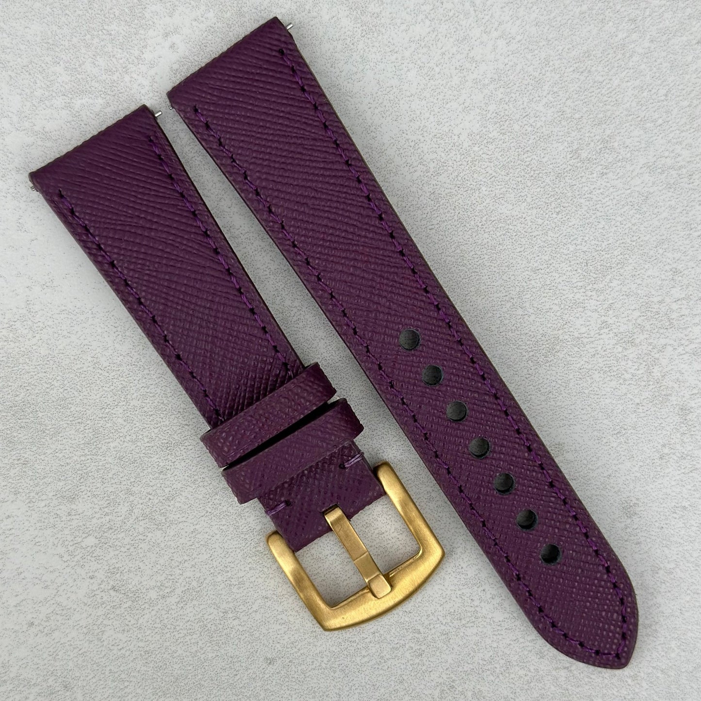 Florence Royal Purple Saffiano leather watch strap. PVD gold 316L stainless steel. 18mm, 20mm, 22mm, 24mm. Watch And Strap.