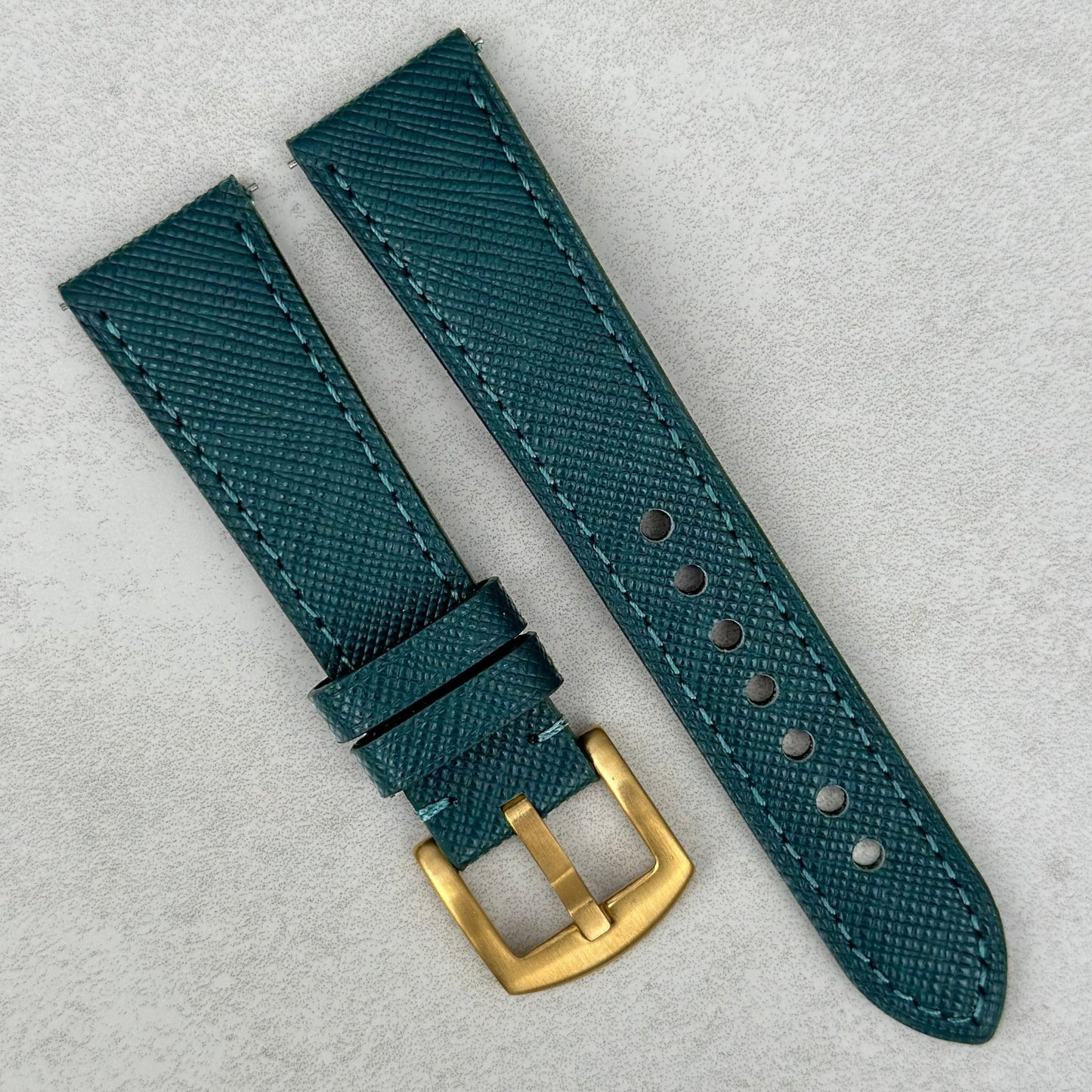 Florence teal Saffiano leather watch strap. PVD gold buckle. 18mm, 20mm, 22mm, 24mm. Watch And Strap.