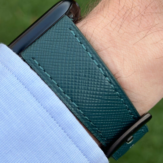 Florence Teal Saffiano leather Apple Watch strap. Wrist shot on the Apple Watch Series 8 black. Watch And Strap.