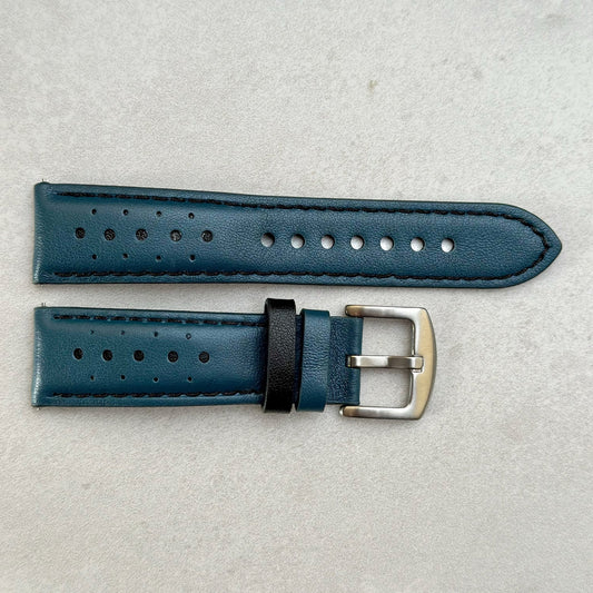 Le Mans petrol blue and black full grain leather racing watch strap.