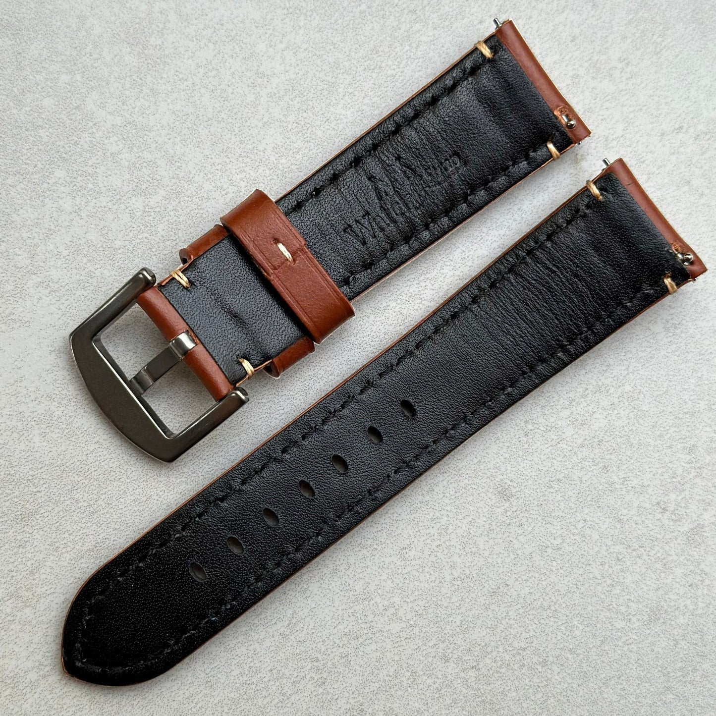 Rear of the Oslo brown full grain leather watch strap. Black sweat resistant leather. Quick release pins. Watch And Strap.