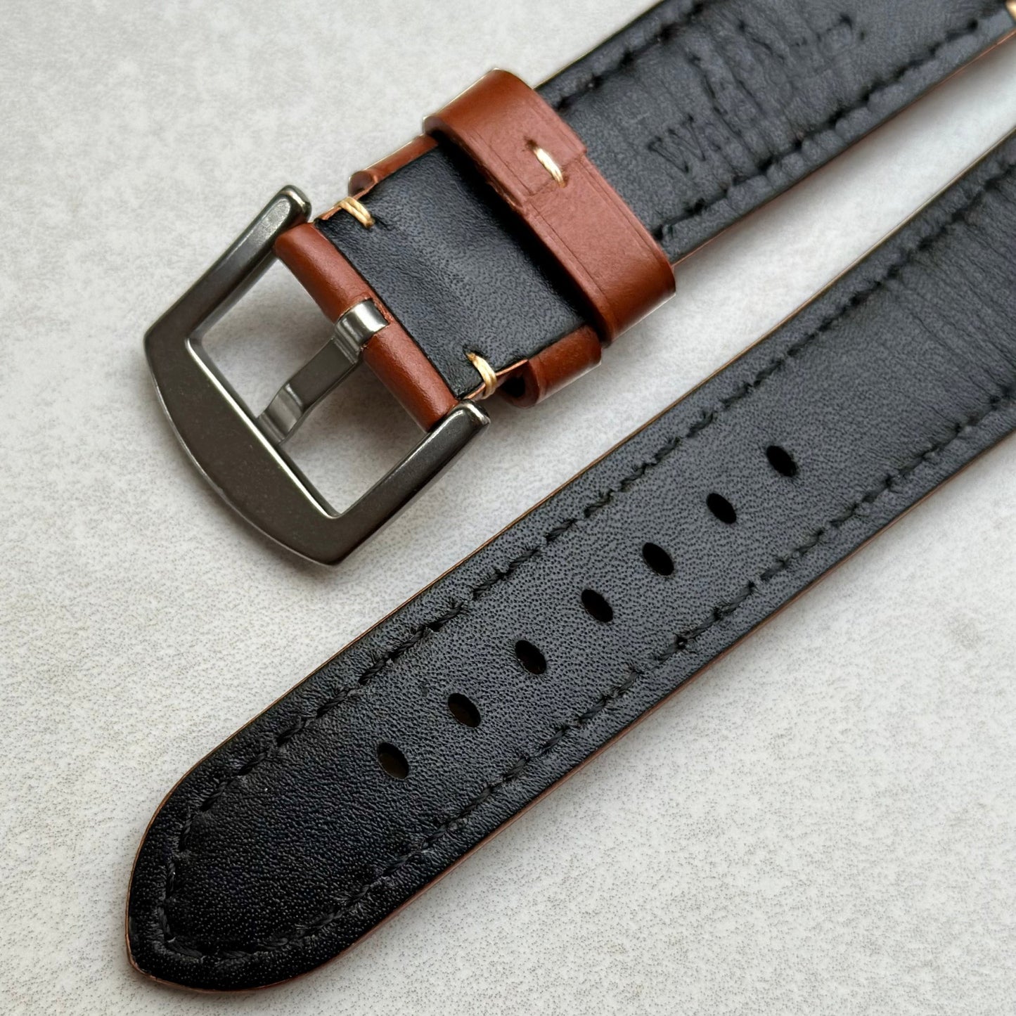 Underside of the buckle on the Oslo caramel brown full grain leather watch strap. Watch And Strap