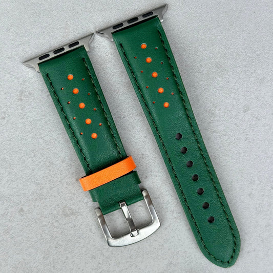 Le Mans green and orange apple watch strap. Padded racing watch band. Full grain leather with 316L stainless steel buckle.