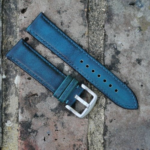 The Milan: Matured Blue Padded Leather Watch Strap - watchandstrapco
