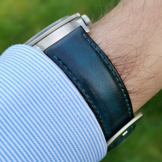 The Milan: Matured Blue Padded Leather Watch Strap - watchandstrapco