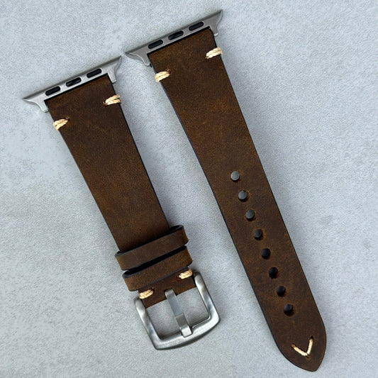 Vintage Brown Horse Leather Apple Watch Strap. Contrast stitch. Apple Watch Series 3, 4, 5, 6, 7, 8, 9, SE and Ultra.