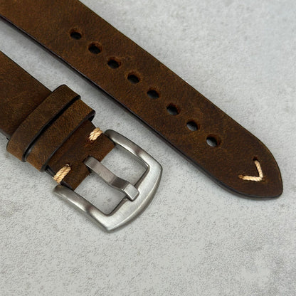 Brushed 316L stainless steel buckle on the Madrid chocolate brown leather watch strap. Watch And Strap