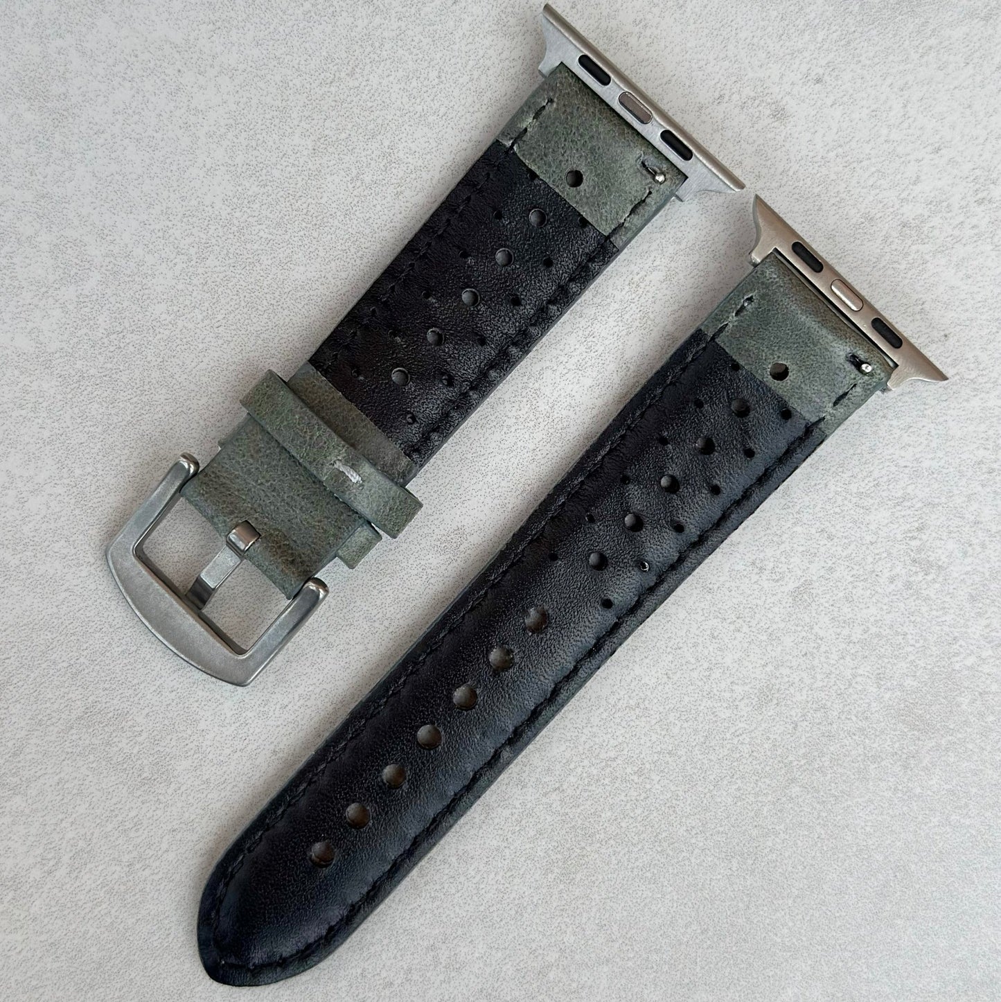 Rear of the MonteCarlo perforated grey leather Apple Watch strap. Watch And Strap.